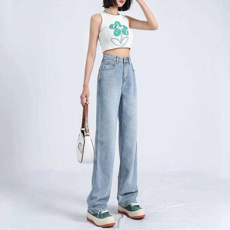Wide leg jeans women's 2023 summer trousers Baby blue high street new loose high waist draping floor pants