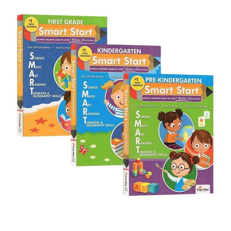 

3 Books Evan Moor Smart Start English Science Math Art Reading Thinking & Geography Textbook Workbook Kindergarten First Grade