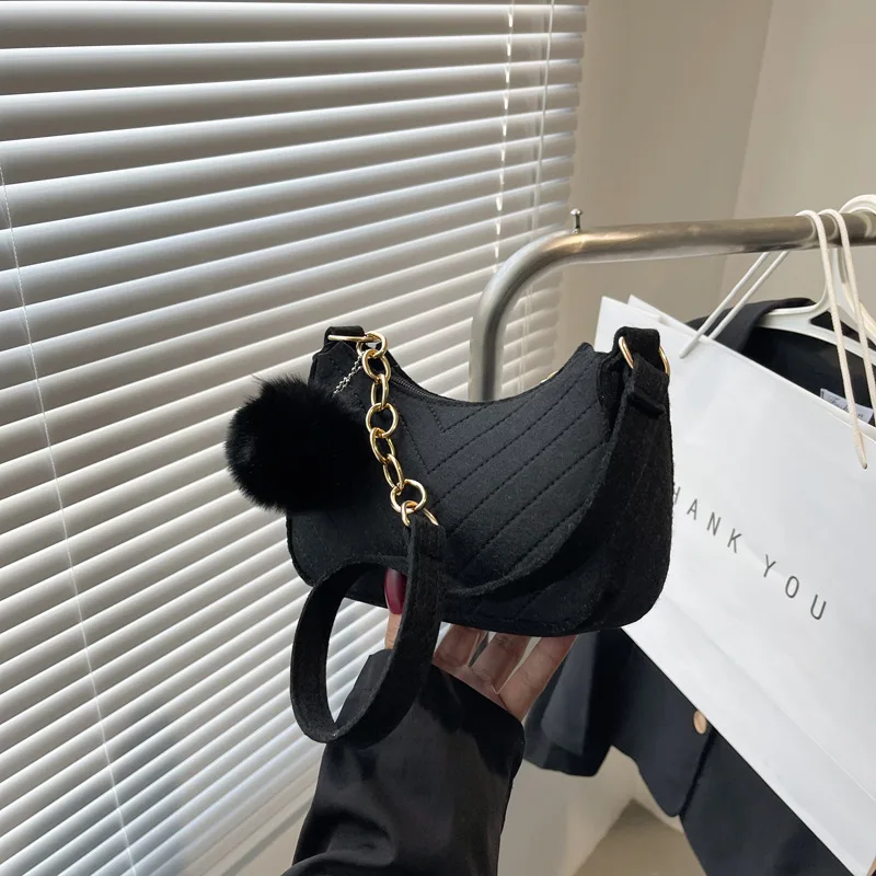 

2023 New Women Felt Mini Shoulder Bag Underarm Bags with Plush Pendant Solid Color Casual Handbags Female Pouch Light Weigh Bag