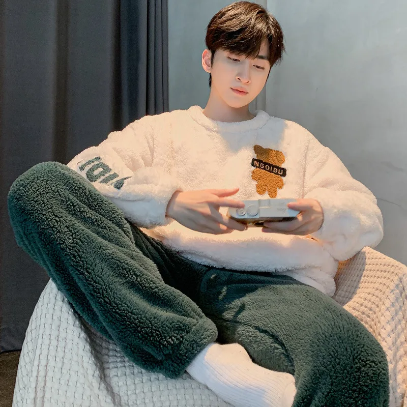 Зимний теплый пижамный комплект мужской Пушистый пуловер + длинные брюки из