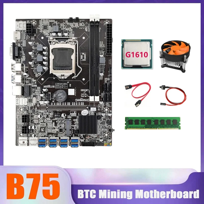 

Материнская плата B75 BTC Miner 8xusb + G1610 CPU + DDR3 8G 1600 МГц ОЗУ + вентилятор охлаждения процессора + кабель переключателя + кабель SATA