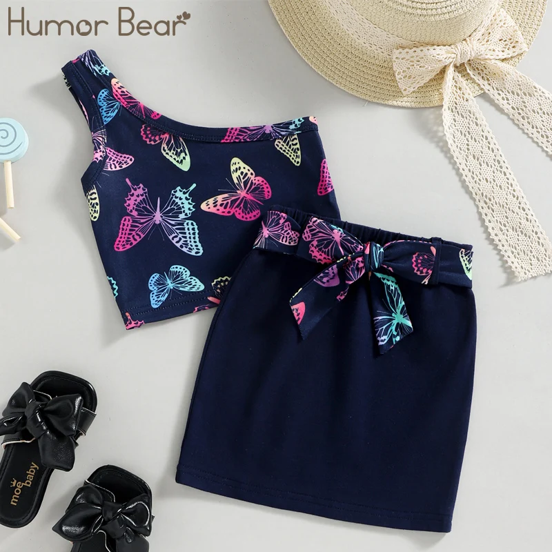 

Комплект одежды Humor Bear для девочек, коллекция 2022 года, модный жилет на одно плечо с принтом бабочки, завязкой на талии и юбкой, летний детский ...