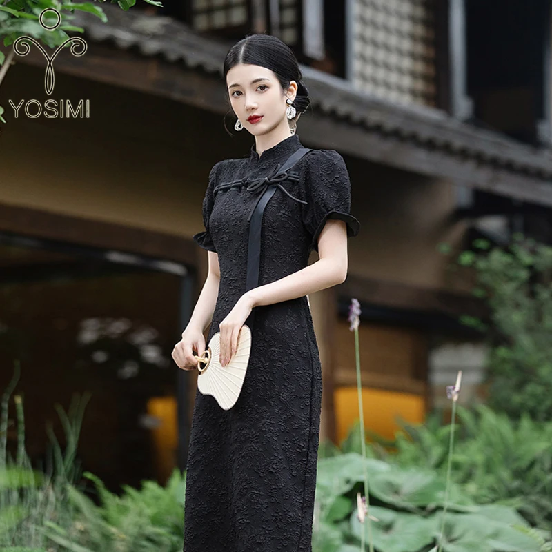 

YOSIMI Sheath Black Long Dress Women 2022 Summer Jacquard Chinese Style Cheongsam Qipao Midi Short Sleeve Evening Party Dresses