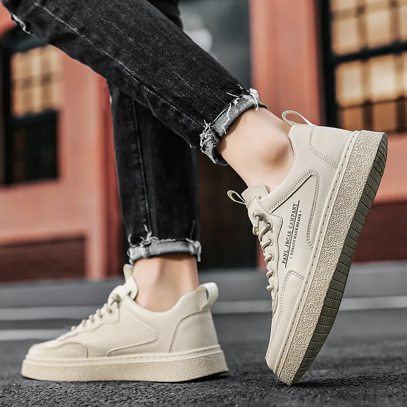 

White Leather Men's Skateboard Shoes Men's Casual Shoes Fashion Sneakers Wild Mens Flat Shoes Non-slip Board Shoes