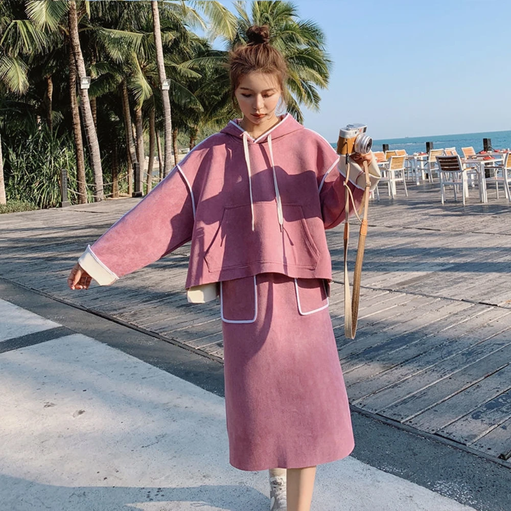 

Women Autumn Winter 2 Pieces Set New Thicken Hooded Solid Full Sleeves Hoodies Tops Mid-Calf Three-dimensional Decoration Skirt