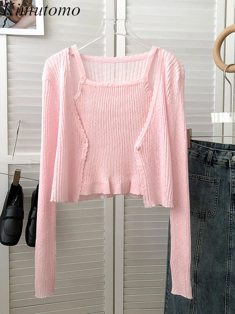 

Женский трикотажный костюм Kimutomo из двух предметов, мягкий однотонный кружевной кардиган с длинным рукавом, укороченный топ, универсальный ...