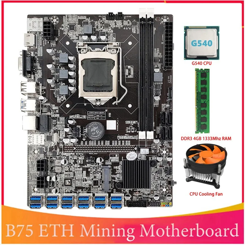 

B75 BTC Mining Motherboard 12 PCIE To USB LGA1155 With G540 CPU+DDR3 4GB 1333Mhz RAM+Cooling Fan B75 USB ETH Mining