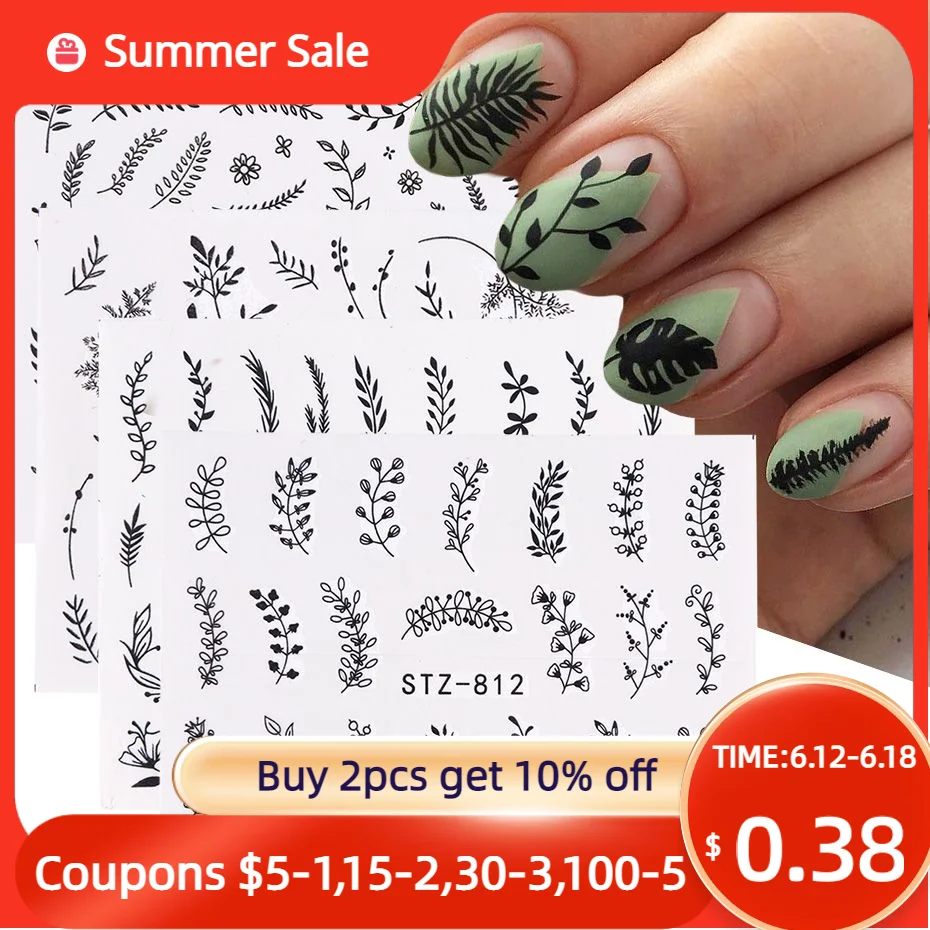 4pcs Nail Art Stickers Black Leaf Flowers Summer Nail Water Decals Sliders Set Wraps Tattoo Designs Decors Manicure TRSTZ808-843