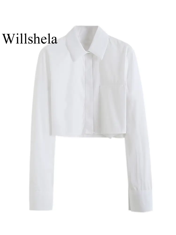 

Willshela Женская модная белая однобортная укороченная блузка в винтажном стиле с отворотом и длинными рукавами, женские шикарные рубашки