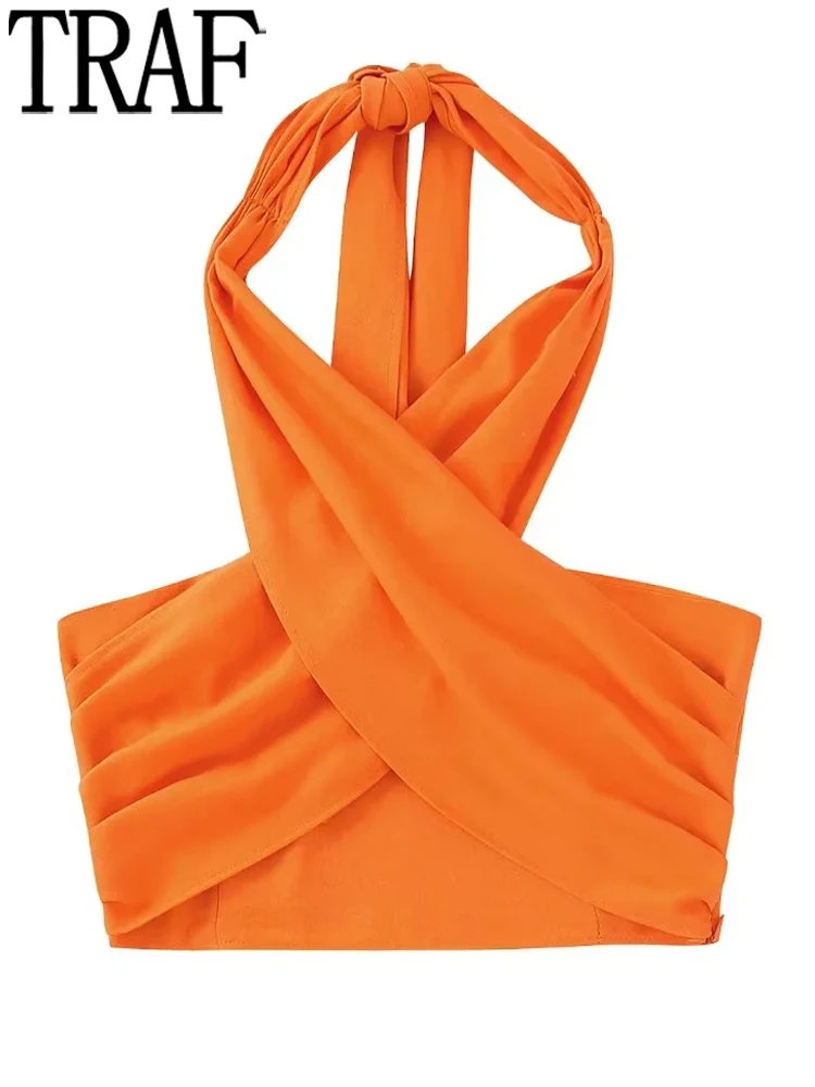 

TRAF 2022 Orange Halter Top Female Backless Crop Top Women Wrap Pleated Sexy Tops Woman Summer Sleeveless Streetwear Y2k Tops