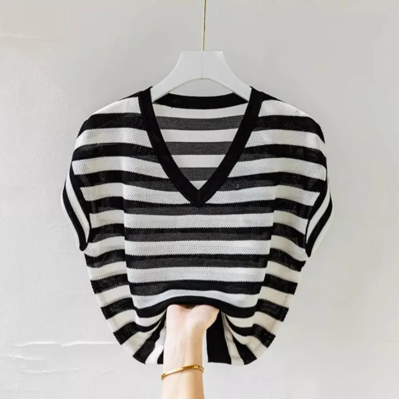 Модные Полосатые свитера с V-образным вырезом Новинка лета 2024 женские свободные