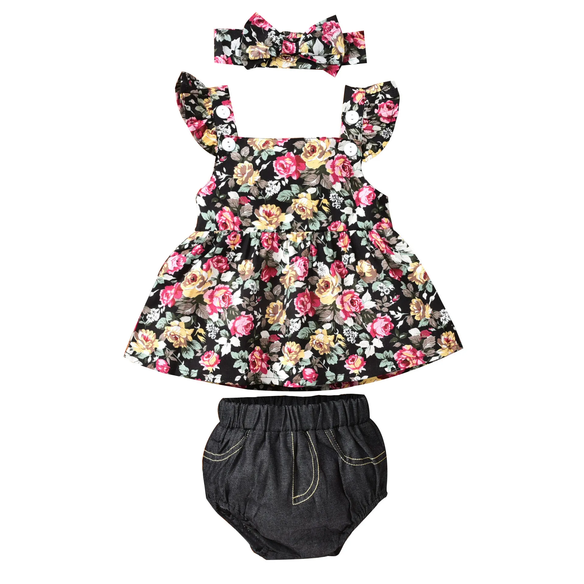 

ins explosion children's clothing flying sleeve black floral top denim pants suit clothes for toddler girls