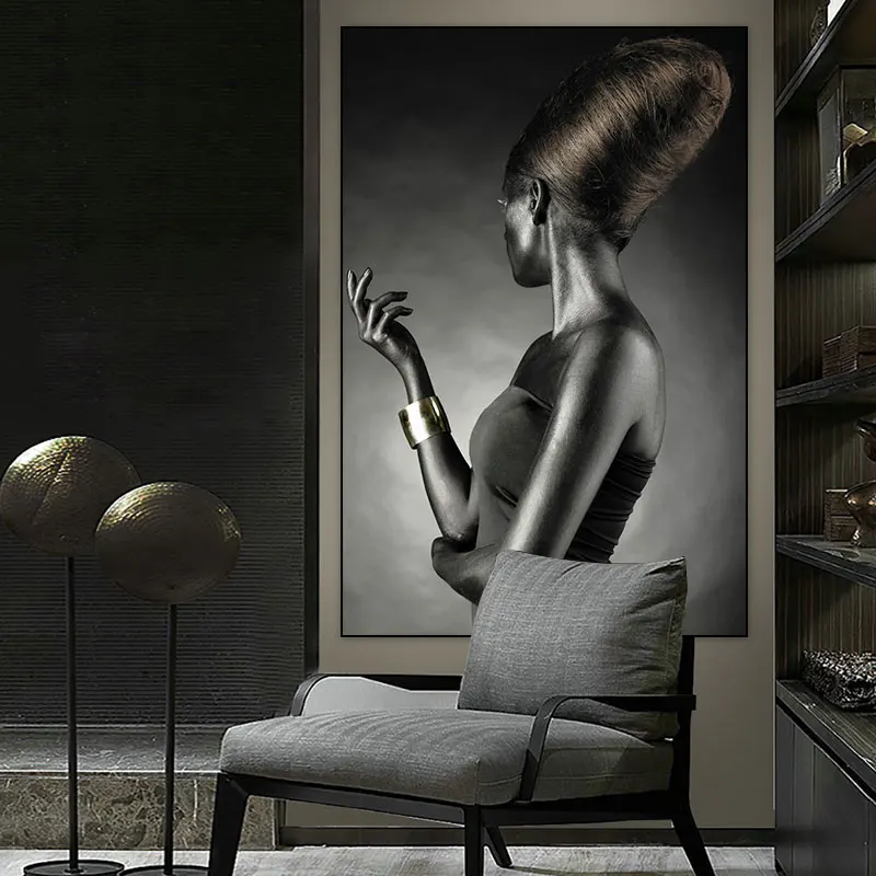 

Silver African Women Posters Prints Fashion Black Person Figure Canvas Painting Living Room Bedroom Home Decor Wall Art Pictures