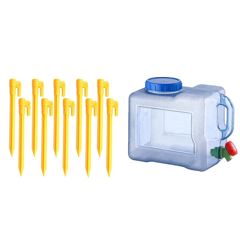 

1X Plastic Water Can Easily Water Tank With Faucet - 8L & 10Pcs Camping Tools Plastic Tent Pegs Nails Yellow