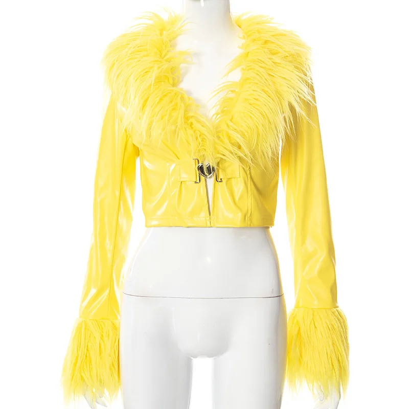 Autumn and Winter New Fashion Solid Color Long-sleeve Short Fur Collar Leather Coat Furry Collar Learher Cardigan Light Yellow