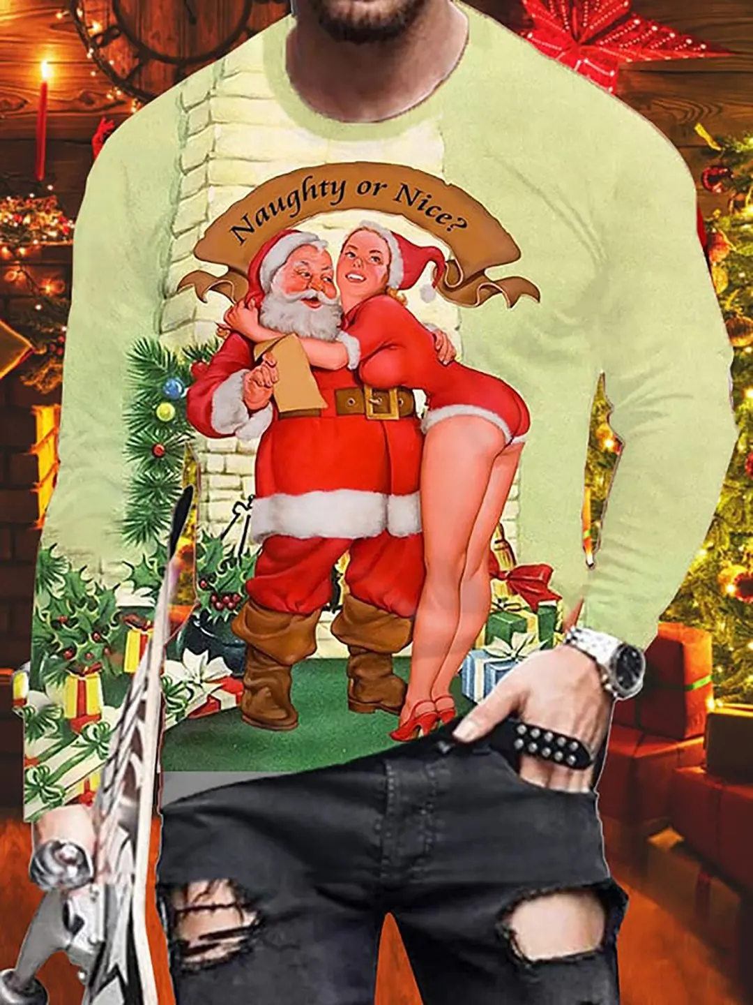 

Molilulu Men's Christmas Print Crew Neck Long Sleeve T-Shirt
