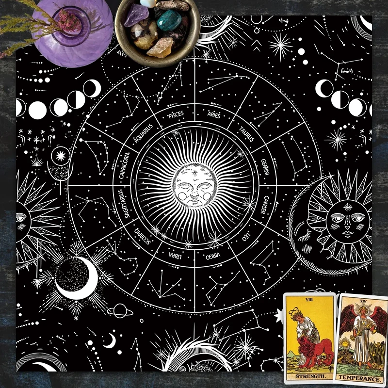 

Sun and Moon Tarot Card Cloth Divination Twelve Constellations Witchcraft Astrology Altar Cloth Divination Cloth Mat Decoration