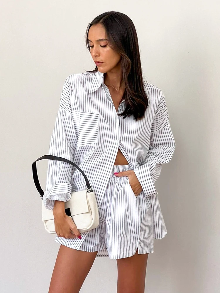 

Комплект Hiloc полосатый Женский, однобортный хлопковый домашний костюм с лацканами, пижама с длинным рукавом