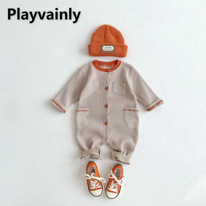 

Комбинезон вафельный однобортный для маленьких мальчиков и девочек, цвета хаки, с круглым вырезом, одежда для ползания в Корейском стиле на весну и осень, E419