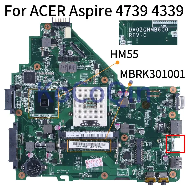 para Acer Aspire 4739 4339 Suporte 1th Gen Cpu Notebook Mainboard Da0zqhmb6c0 Mbrk301001 Hm55 Ddr3 Modelo: Zqh Placa-mãe do Portátil