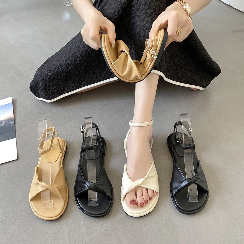 

Clear Heels Beige Heeled Sandals Fashion Womens Shoes 2022 All-Match Soft Black Luxury Comfort Low Girls Retro Flat Summer New