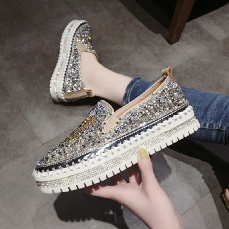 Autumn Women Thick Bottom Sneaker Running Fashion Designer Woman Shoes Trend 2023 Casual Canvas Mirror Luxury Rhinestone Spring
