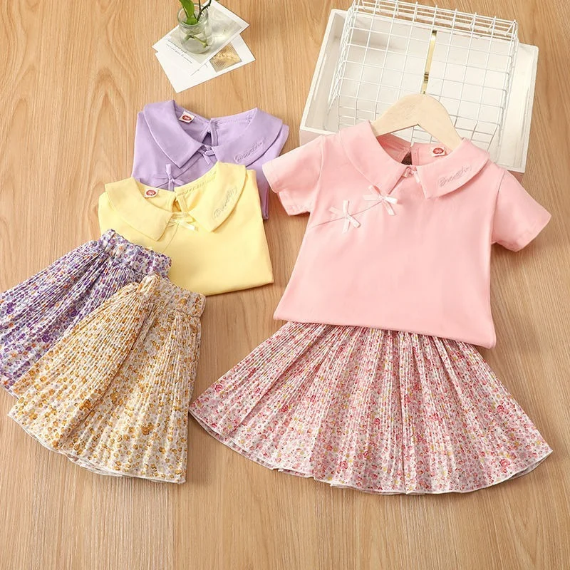 

2022 Summer Baby Girls Clothes Set Short Sleeve Tops and Floral Pleated Skirt Girls Outfits Fashion Kids Clothing 1-6Y