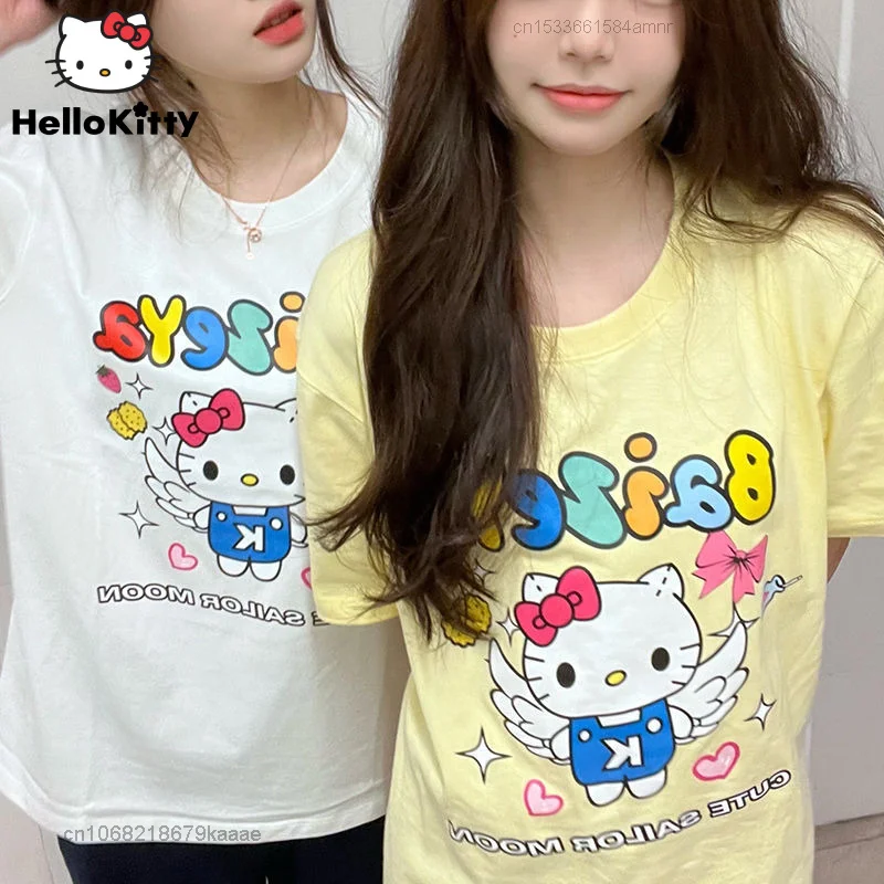 

Sanrio Cartoon Hello Kitty Short Sleeve Tops Female 2022 Summer Clothes Women Oversized T-shirts Y2k Couples Loose Tees Shirts