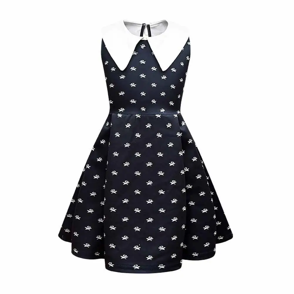 

Girls Wednesday Addams Family Cosplay Costume Vintage Gothic Outfits Halloween Clothing Kids Addams Printing Dress