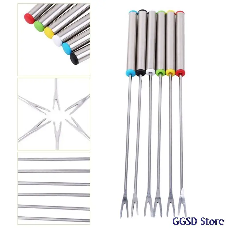 

6pcs 24cm Reusable Dessert Fruit Forks Two-tine Stainless Steel Fruit Fork Party Barbecue Sticks Marshmallows Dessert Toothpick