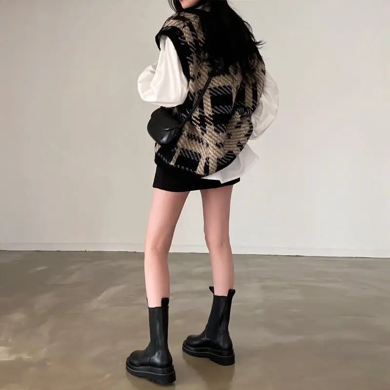 Женский свободный клетчатый свитер жилет повседневный стиль из ацетатного