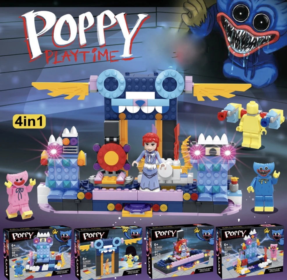 

4 в 1 Набор строительных блоков Huggy Wuggy Poppy Playtime аниме мультяшная игра модель персонажа игрушка строительные блоки подарок