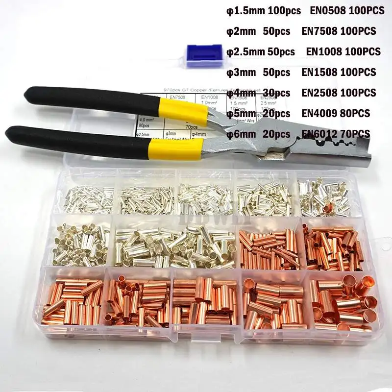

970Pcs Box Copper Pipe Connection Joint Wire Small Copper Pipe Cable Crimp Terminal Lug Bushings Kit With Heat Shrink Tube Plier