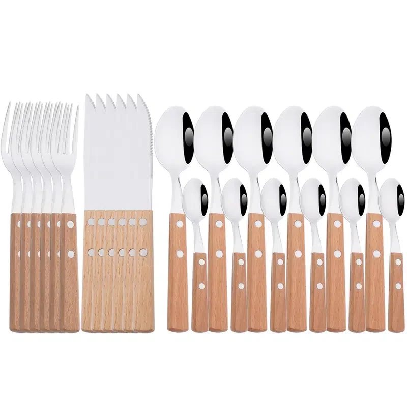 

304 Stainless Steel Cutlery Set, Wooden Handle Dinnerware Flatware Set, Kitchen Western Knife Spoon Fork Tableware