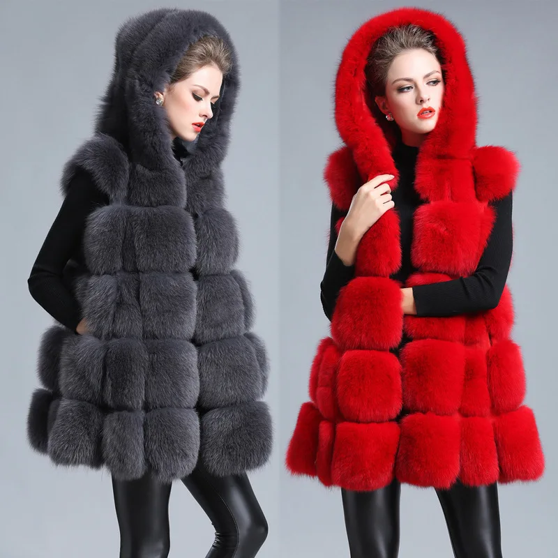 2022 Autumn and Winter New Fur Vest Natural Fox Fur Mid-Length maomaoWomen's Thickened plus Size Keep Warm Coat