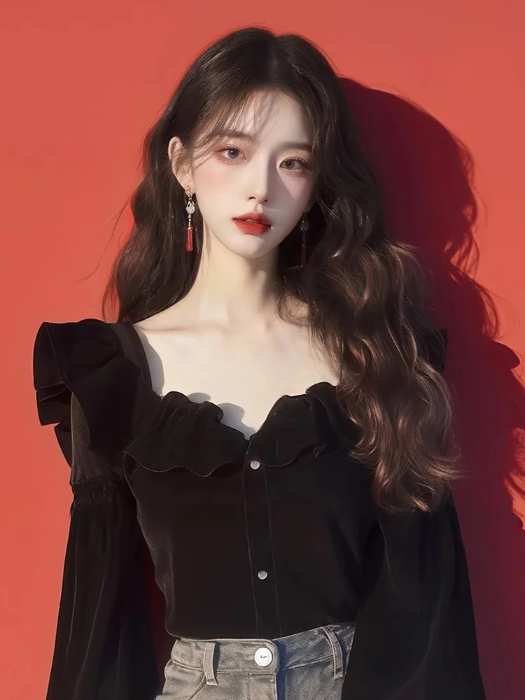 Черные бархатные топы French Sle Hepburn Wind женские 2024 ранняя осень Новое поступление