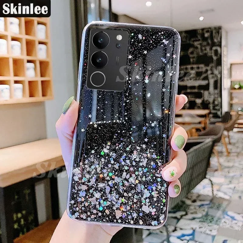 Фото Skinlee ЧЕХОЛ ДЛЯ VIVO V29 5G V30 SE с кольцом, прозрачные блестящие звезды, блестки, силиконовый чехол для V40 SE V30 Lite, противоударный чехол №3