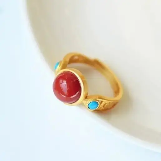 

Designer's original innovative natural chalcedony ancient method frosted opening adjustable ring elegant luxury ladies jewelry