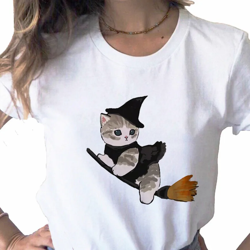 

2022 New Summer Kawaii Cat Graphic print ladies T-shirt casual basis O-collar white shirt short sleeve ladies T-shirt Drop Ship