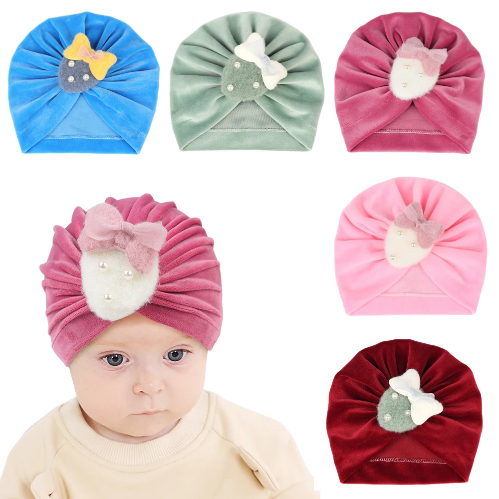 

Cute Strawberry Velvet Baby Hat for Girls Candy Color Bonnet Enfant Baby Beanie Turban Hats Newborn Baby Cap Girls Accessorie