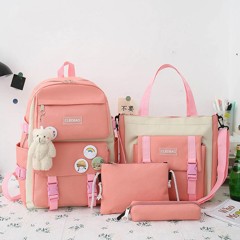 

4pcs Backpack for Women Casual Canvas Students School Bags Shoulder Crossbody Bags Large Capacity Handbag with Small Pencil Case
