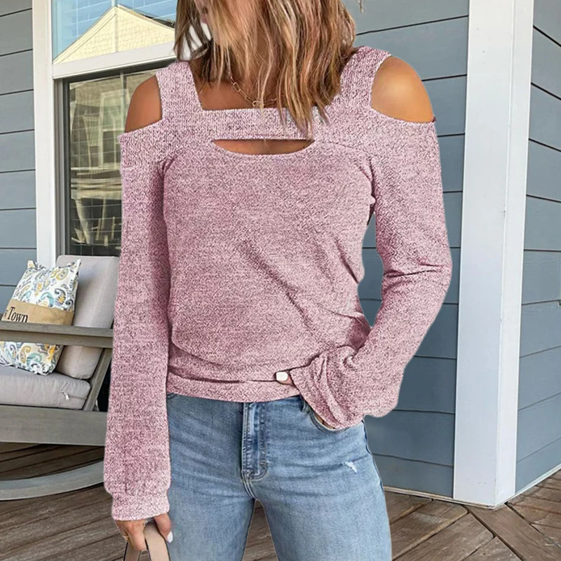 

Female Casual Solid Off Shoulder Shirts Autumn Spring Long Sleeve Office Pullover Tops Elegant Slash Neck Hollow Tops Streetwear