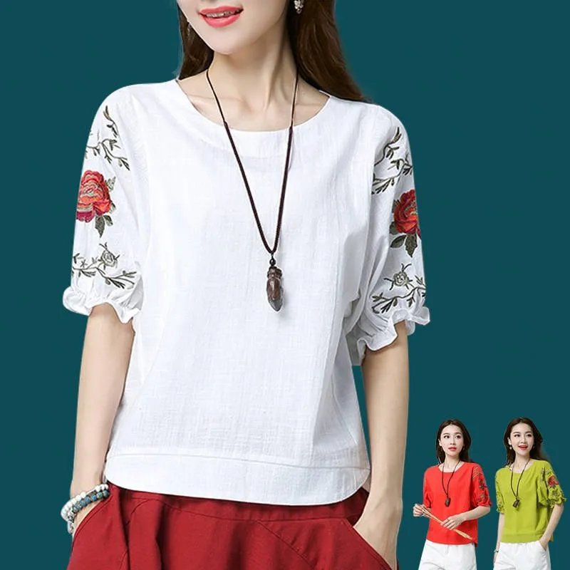 

Женская блузка с цветочной вышивкой, хлопково-льняная рубашка с рукавами-фонариками, лето 2022