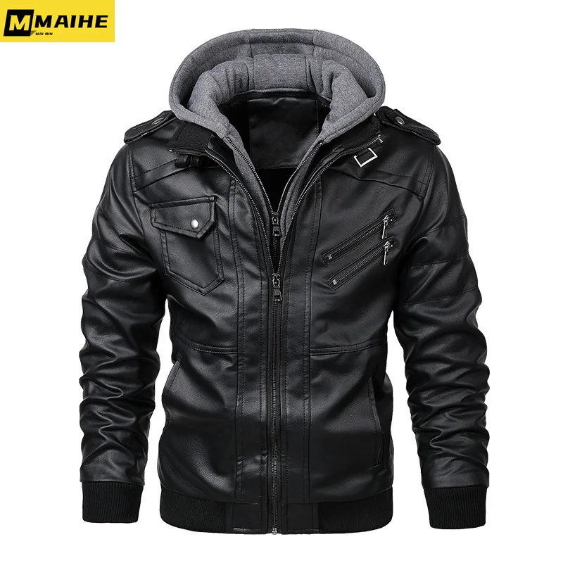 

2023 New vintage men's leather jacket Autumn Casual hooded motorcycle zipper PU Jacket Bicycle leather clothing brand EU size