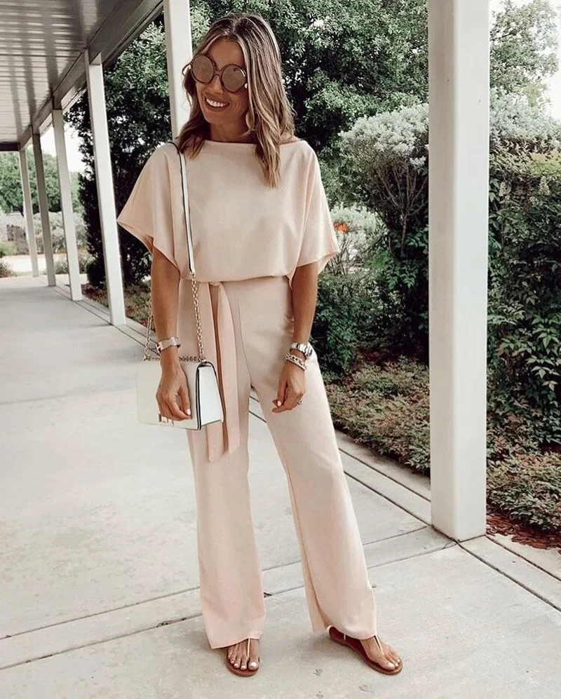 2023 New Loose Casual Lace Up Short Sleeves Jumpsuits Women Summer Solid Color Pockets Mature Wide Leg Pants Rompers OL Female