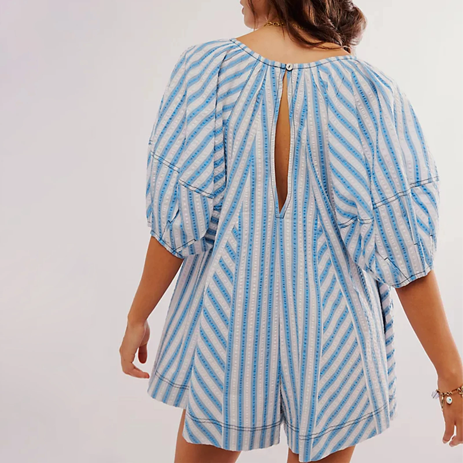 Женский винтажный полосатый комбинезон y2k короткий с пышными короткими рукавами