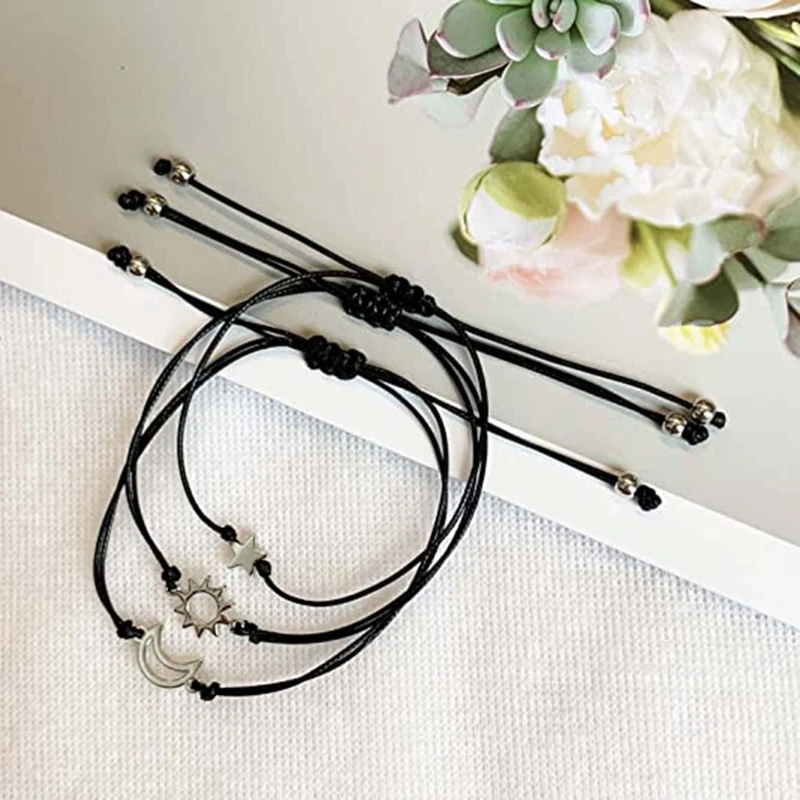 D0JD 3 шт. Черная веревка карточка браслеты креативный сплав солнце Луна и звезда