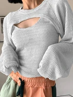 knitted top women 2 pieces balloon sleeve blouse and camisole solid tshirts fashion y2k clothes autumn streetwear hollow out tee