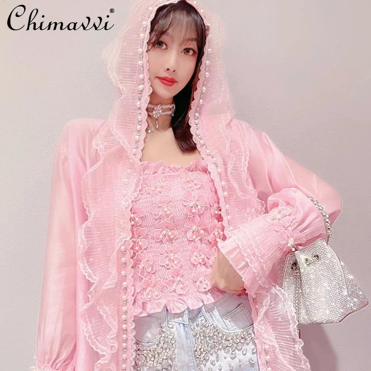 

2022 Summer New Korean Style Sweet Refined Handmade Lace Lace Hooded Sunscreen Coat Beaded Flower Sling Fashion Two-Piece Suit