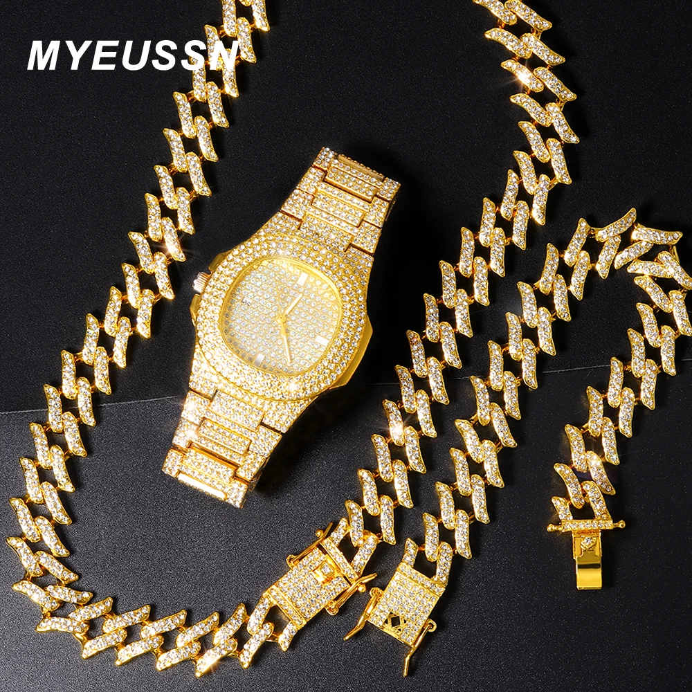 2022 Iced Out Watch Bracelet Necklace Suit for Women Mens Watch New Big Cuban Chain Hip Hop Jewelry Set Rhinestone Men Gift